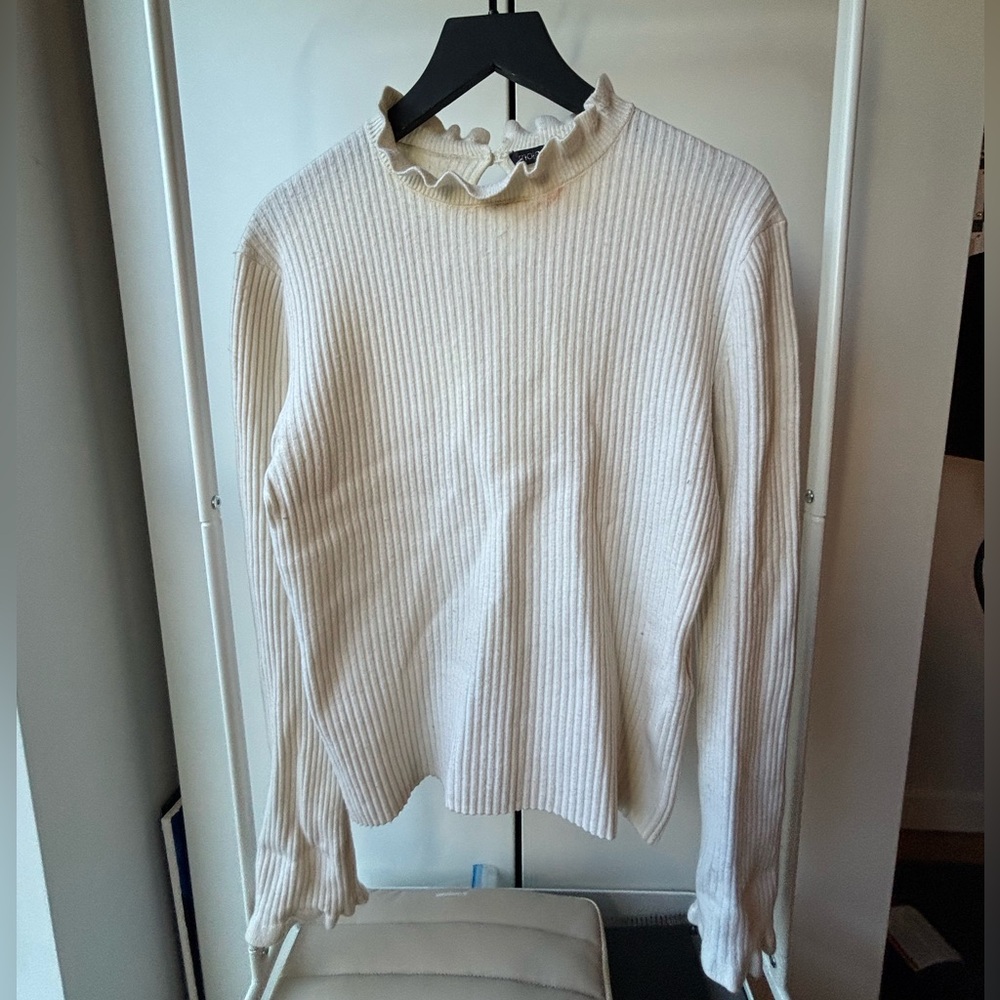 Maje | Cream Ribbed Ruffle-Trim Sweater